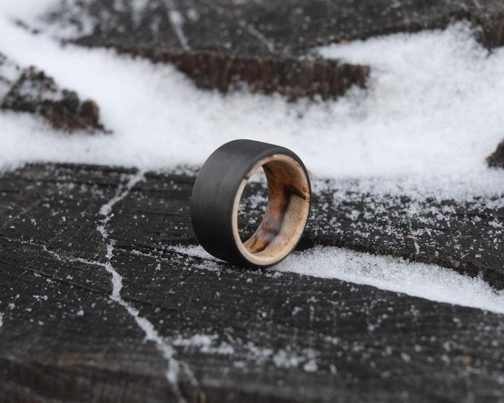spalted maple and carbon fiber handmade ring front-side view